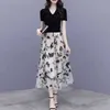 Summer Women Set Fashion Black Drawstring Short Sleeve T-Shirt + Butterfly Embroidery Mesh Skirt Suit 2 Pieces Sets 210519