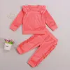 Conjuntos de roupas Baby Girl outono terno flanela confortável de alta qualidade casual de manga comprida Ruffled pulôver e calças 2 peças conjunto