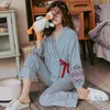 Höst Pajama Girl Pajama Ställer Lovely Striped Print Japanska Kimonos för plus storlek 3xl 100% bomull Yukata 210809