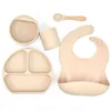 5 Pcs Baby Bib+Suction Bowl+Divided Dinner Plate+Spoon+Cup Set Waterproof Food Grade Silicone Training Feeding Dish Utensil Tabl G1210