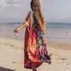 Sneldrogend Boheemse Gedrukt Kwastje Zomer Strand Maxi Jurk Katoenen Tuniek Dames Plus Size Beachwear Badpak Cover Up Q999 210420