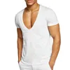 T-shirts pour hommes T-shirts pour hommes Chemise à col en V profond pour hommes Coupe basse T-shirt extensible Invisible Vee Top Manches courtes Ajusté Doux Uni Surdimensionné