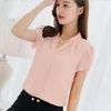 Бренд Женская блузка для тела рубашка с коротким рукавом V-образным вырезом сплошной летней одежды Корейский женский женские женские работы офис одежда шифон блузка топ 210416