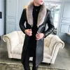 Men's Trench Coats Luxury Big Fur Collar Long Leather For Mens White Thick Velvet Winter Overcoats Jakets Elegant Black