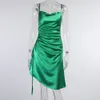 Women Summer Sexy Strap Pleated Dress Elegant Solid Split Knee-length Casual Slim Satin Bodycon Evening Party 210518