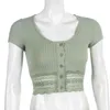 女性Tシャツレースの裾の半袖ボタンアップカジュアルOネックグリーンカーディガン夏スリムフィットファッションセールレディーストップ210522