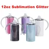 Twee deksels! 12oz sublimatie glitter sippy cups met platte deksels handvat deksel 5 kleur rechte kinderen waterflessen roestvrij stalen glazen dubbele geïsoleerde mokken A12