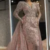 Plus storlek rosa paljetter sjöjungfru prom klänningar eleganta långa ärmar kväll klänningar 2022 av axel kvinnor billiga formella klänningar