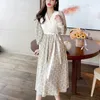 Chic Kore Giysi Tasarım Bahar Uzun Kollu Zarif Patchwork Örgü Elbise Kadın Çiçek Baskılı Vintage Elbise Vestidos 210514