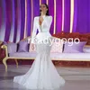 White Beading Tassel Avondjurken V-hals Volledige Mouw Lovertjes Ruffles Rok Top Arabische Dubai Mermaid Prom Formele Jurk Wear