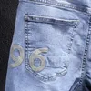 Men's Jeans Street Style Fashion Men Retro Light Blue Spliced Designer Biker Embroidery Elastic Hip Hop Denim Pencil Pants