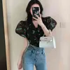 Summer Women Blouses Shirts Puff Sleeve Casual Notched Collar Mesh Printing Vintage Elegant Slim Tops With Lining 210514