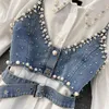 Casual jurken 2021 High-end witte shirt jurk vrouwelijke revers diamant parel luxe korte denim vest chic tweedelig sets mode