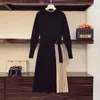 Autumn Winter Women Fashion Stitching Stripe Pleated Sweater Dress Elegant Long Sleeve OL Midi Knitted Runway Vestidos Robe 210514