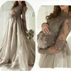 Eleganckie Długie Rękawy Długie Rękawy Wieczorowe Dresses 2021 Klejnot Neck Koronki Aplikacja Organza Spódnica Plus Rozmiar Kobiety w ciąży Prom Suknie Formalne Party Sukienka Gray