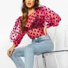 Kvinnor T-shirt Kvinna Polka Dot Skriv ut Sheer Long Puff Sleeve Clubwear Höst Holiday Transparent Sexy Lady Clothing Top 210522