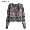 KPYTOMOA Women Fashion Jacquard Cropped Knitted Cardigan Sweater Vintage Long Sleeve Button-up Female Outerwear Chic Tops 210914