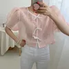 Korejpaa Women Shirt Summer Korean Fashion Chic Gentle Sweet Trim Tie with Bow Plaid Micro-bubble Sleeve Blouse Top Female 210526
