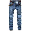 EHMD Motorcykel Patchwork Jeans Mäns Fiskskalor dekorerad Tvättad Slim-Fit Pläterad Hög Elastiska Solid Färgbyxor Fall Winter G0104