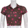 Pink Heart Printed Brown Short Sleeve Women's T-Shirt For Girls Cute Fashion Kawaii Turn-Down Collar Y2k Crop Top Tee Shirt 210510