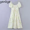 Sommar kvinnor söt blommig tryck elegant fest klänningar sexig o neck puff ärm en linje damer prinsessa klänning midi vestido 210430