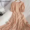 KIMUTOMOエレガントな印刷穏やかなドレス女性甘い花服夏韓国の首の短いパフスリーブvestido 210521