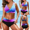 Bikini 2021 Mujer Split Changement progressif Couleur Maillot de bain Femmes Rembourré Stripe Imprimer Maillot de bain Taille haute Set Beachwear Maillots de bain pour femmes