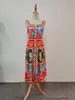 Women's Runway Dresses Spaghetti Straps Printed Ruffles Buttons Detailing Hidden Zipper Elegant Autumn Dress Vestidos