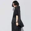 [EAM] Spring Autumn High Collar Long Sleeve Black Loose Pocket Stitch Irregular Hem Big Size T-shirt Women Fashion JQ018 210623