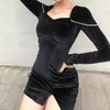 Casual Dresses Velvet Black Formal Short Wrap Dress Autumn Split Elegant Party With Chain Winter Long-Sleeve Fad Square Collar Female