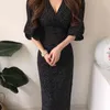 Czarna Polka Dot Kobiety Sexy V-Neck Koreański Chic Wiosna Sukienka Puff Sleeve High Waist Midi Długie sukienki 13297 210417