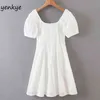 Romantic Women Elegant White Lace Dress Modern Lady V Neck Short Sleeve A-line Slim Party Dresses Summer Mini vestido mujer 210514