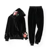 Nakış Çiçek Eşofman Kadın Kadife Sıcak Kış Giysileri Hoodies Katı Yüksek Bel Pantolon Autum İki Parçalı Set 17755 210415
