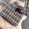 Höst Koreanska Vintage Plaid Two Piece Set Kvinnor Zipper Crop Top + Bodycon Mini Skirt Fashion 2 Outfits för kostymer 210514