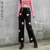 Streetwear Pink Sweet Love Impression Jeans Femme Printemps Taille haute Tube droit Denim Pantalon Femme 5B555 210427