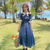 French Vintage Dresses Women Fashion Lace With Doll Collar Short Sleeve Elegant Single-Breasted Chiffon Dress Females 210519