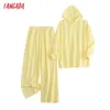 Tangada Kobiety Dress Sets Yellow Oversized Bluza Bluzy Bawełniany Garnitur 2 Sztuki Zestawy Hood Tops and Spodnie 6L39 210819