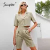 Blazer top pantaloncini dritti a vita alta abiti da donna Set estivo a maniche corte Tuta da donna corta grigio verde 210414