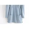 Mode Casual Chic Blue Denim Mini Dress Kvinnor Höst Fyrkantig Krage Långärmad Två Fickor Klänningar Kvinna Vestidos 210508