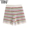 Traf Women Chic Fashion Striped Sticked Shorts Vintage High Elastic Waist Female Short Pants Mujer 210415