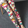 Kobiety Legginsy Legginsy Elastyczne Talii Skinny Slim Stretky Casual Cartoon Flower Spodnie Drukuj Legginsy 210417