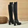 Meotina Pointed Toe Knee High Boots High Heel Woman Boots Block Heel Long Boots Zipper Ladies Shoes Autumn Winter Brown Black 210608