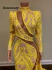 Lange mouwen Sexy Prom Jurken 2021 Hoge Neck Side Slees Yellow Sequin African Black Girls Mermaid Avond Feestjurken