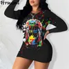 Bodycon vestido manga comprida o pescoço moda impressão mini camisa casual mulheres outono alta rua plus size preto 210513