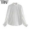 Traf Women Fashion with Lace Pleated Office Wear Bluses Vintage High Neck Long Sleeve Female Shirts Chic Tops 210415