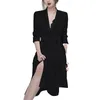 Primavera OL Business office Lady Black Irregular Cinto Atadura Mulheres Manga Longa V-Pescoço Sexy Split Trabalho Camisa Midi Vestido 210416