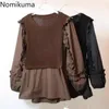 Nomikuma våren nya kvinnor docka skjorta koreanska falska två bitar blus kausal ruffle patchwork långärmad o-neck blusas 6e074 210427