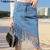 Faldas Mujer Moda Women Stylish Black Denim Midi Skirt Tassels Bottons Fly Design Pockets女性ソリッドシックスカート210412