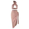 Summer Women Hollow Out 2 Due set di set sexy Halter Sleeveless Tops Skirt Evening Club Party Casual Lady 210423