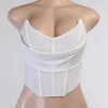 Sexiga Strapless Boned Corset Crop Tops för Women Club Party Backless White Mesh See Through Bustier Top Beskuren 210517